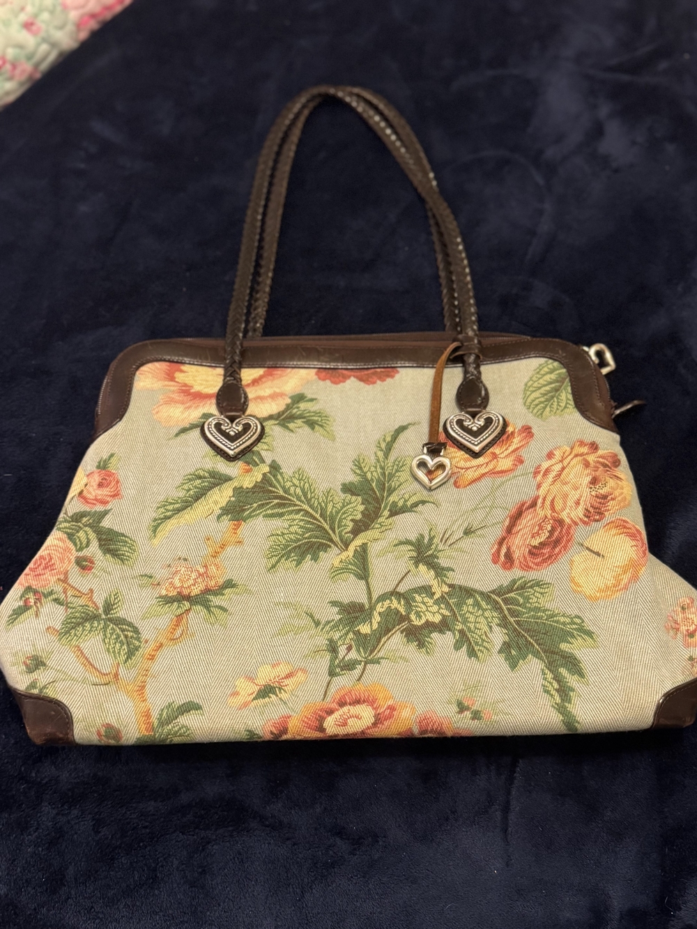 Brighton Floral Canvas Shoulder Bag in Beige, Green & Peach with Brown Trim